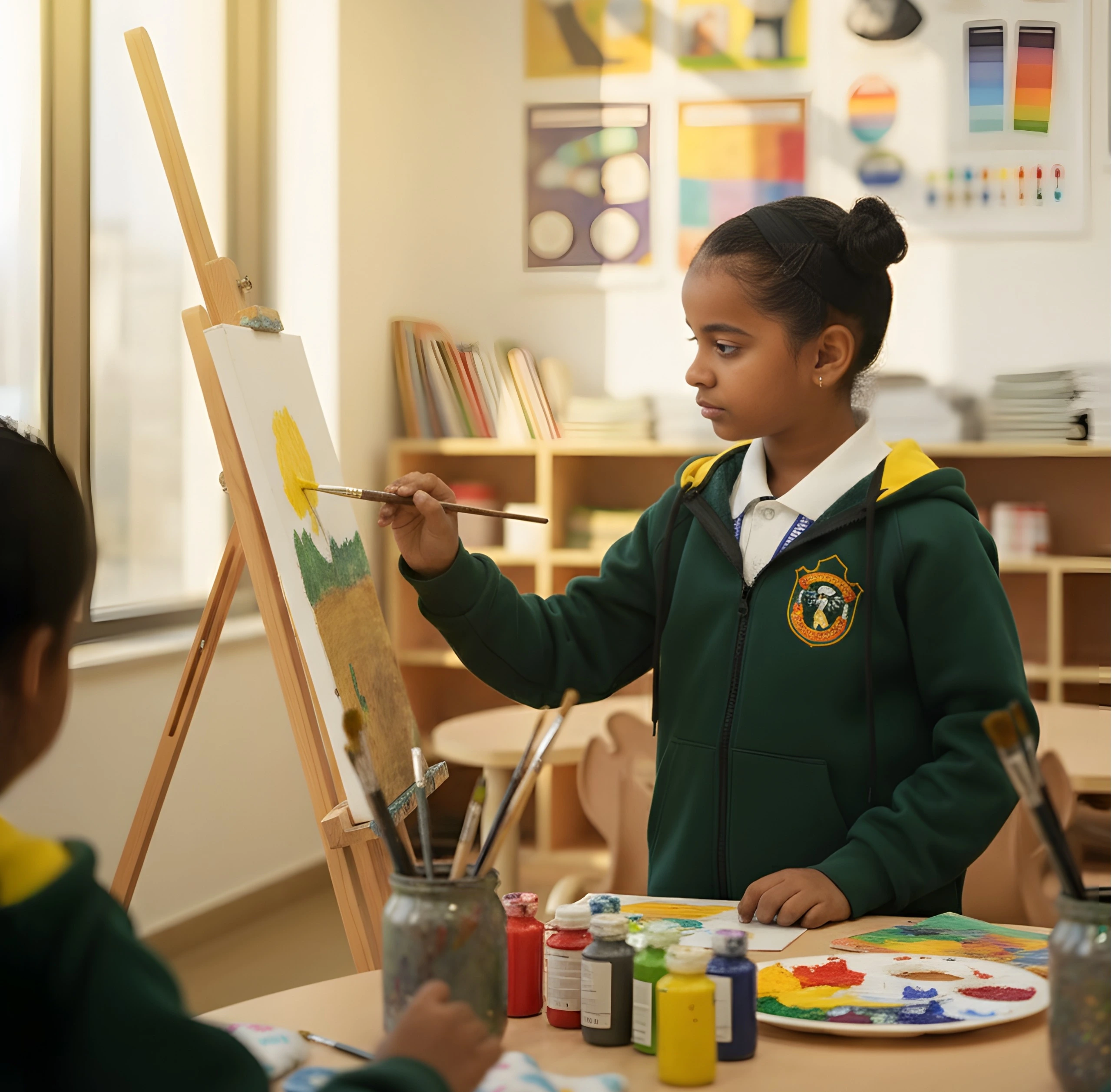 Young student painting on a canvas during an art and creativity class in school.