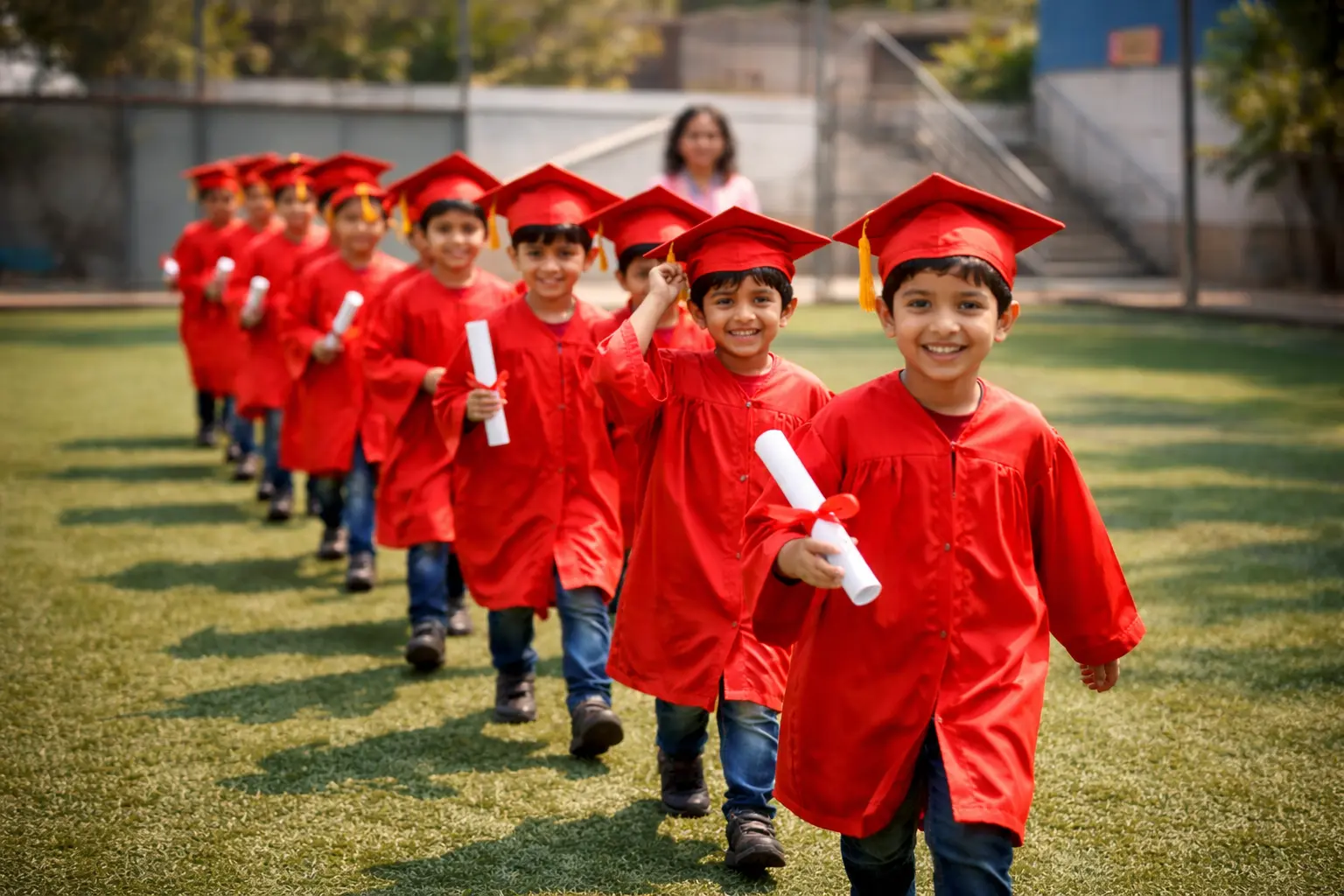 Kindergarten students celebrating graduation with certificates during the graduation ceremony at DPS Pune East