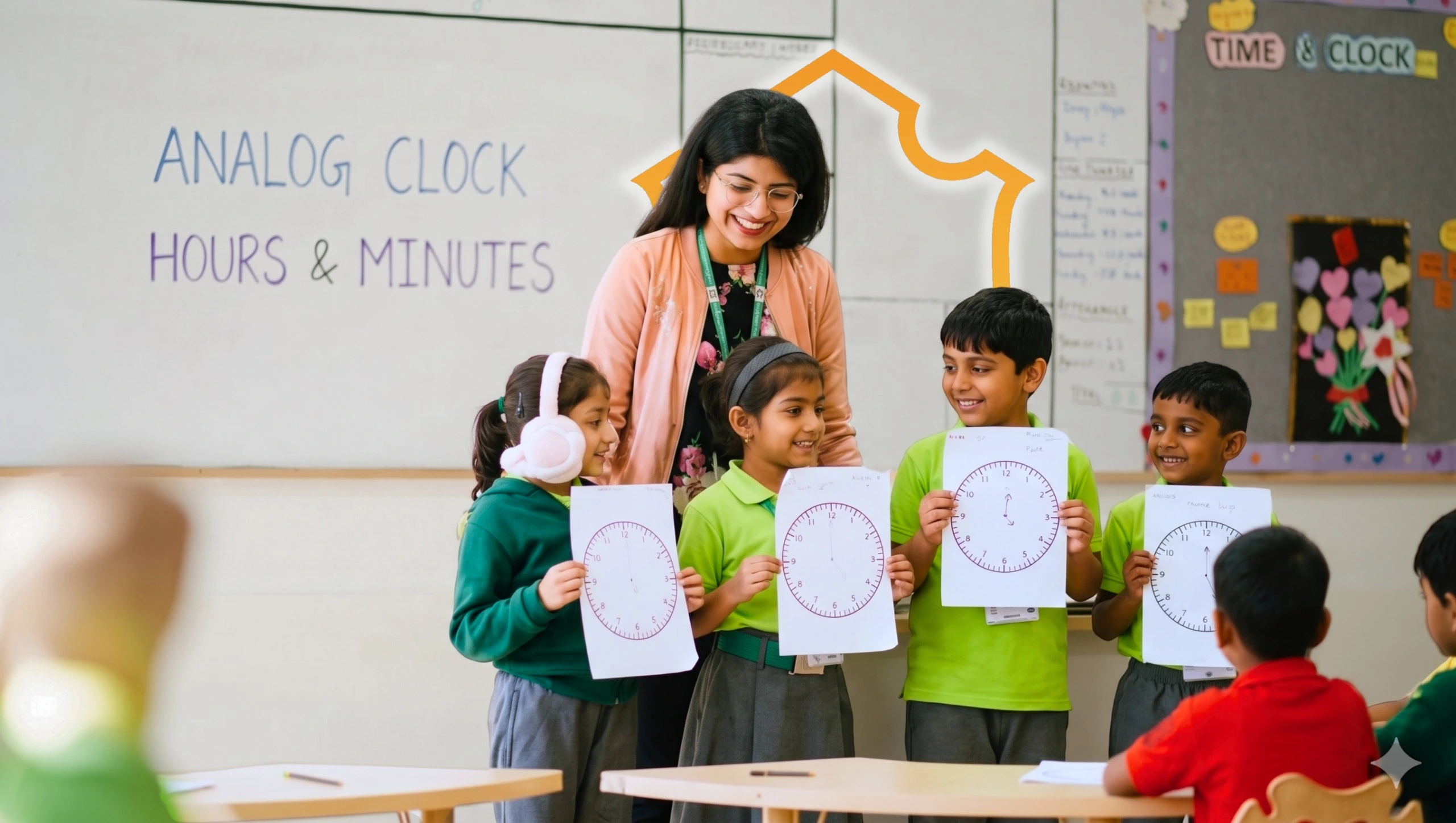 Teacher conducting an interactive learning activity on analog clocks with primary students at DPS Pune East