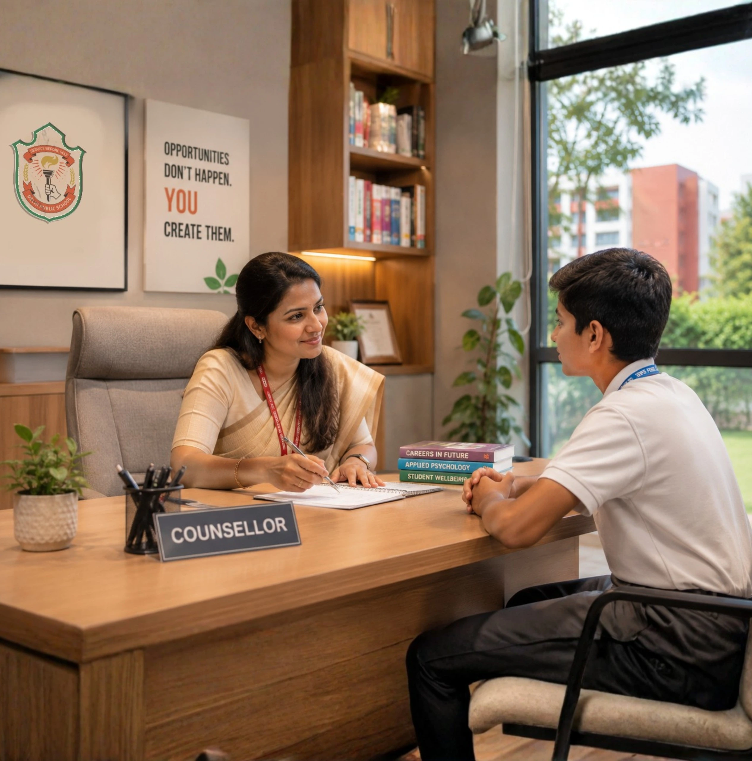 Teacher providing career and academic guidance to a student in a modern counselling room.