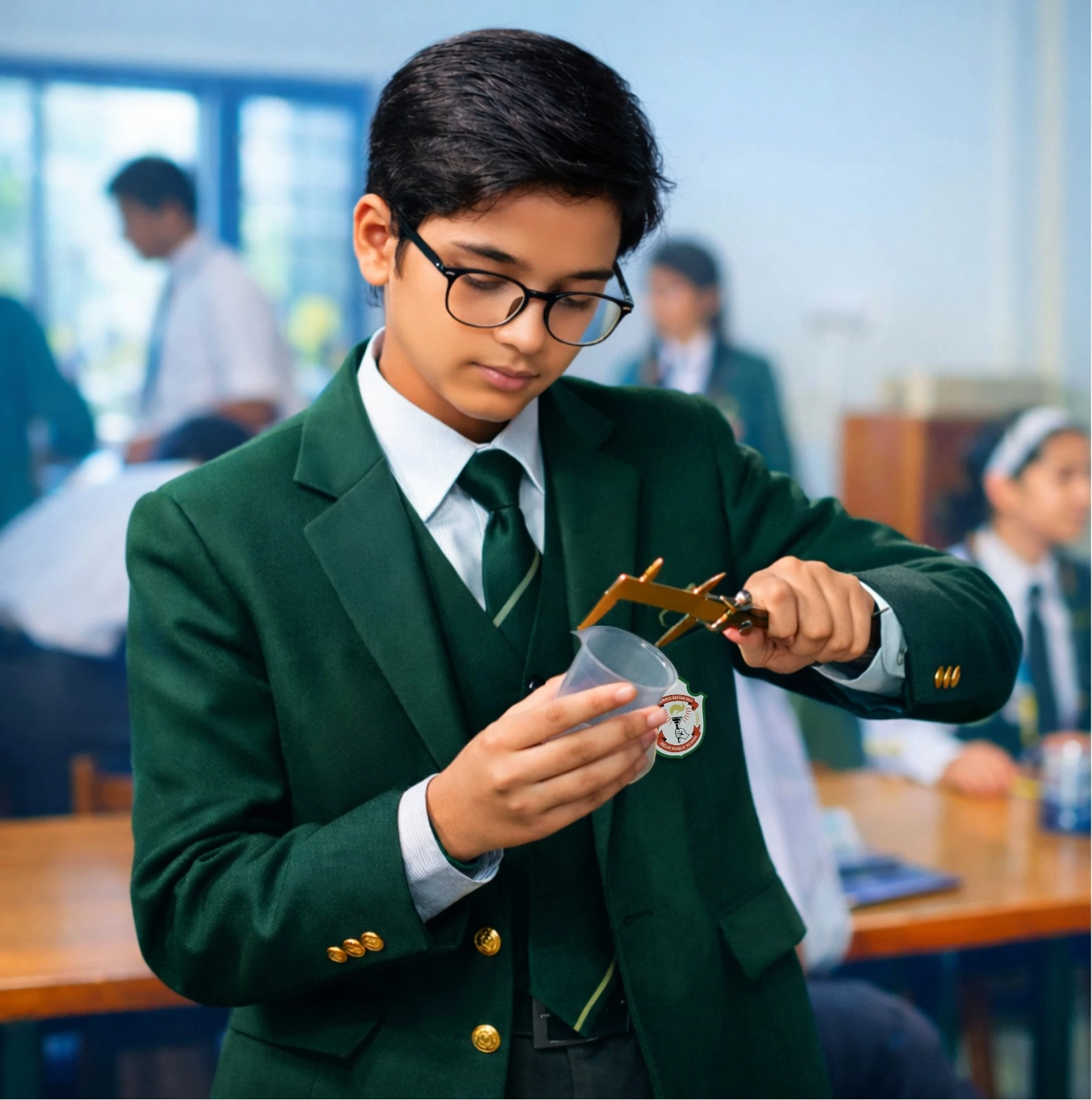 Senior school student performing a science experiment in a well-equipped laboratory.