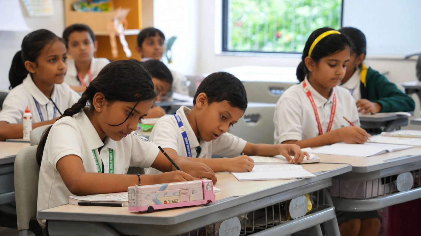 Students attentively studying and writing in a modern classroom at DPS Pune East